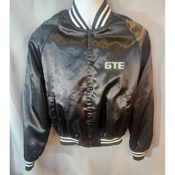 Vintage Satin Jacket GTE Bomber Varsity Size Medium Black - Picture 1 of 6